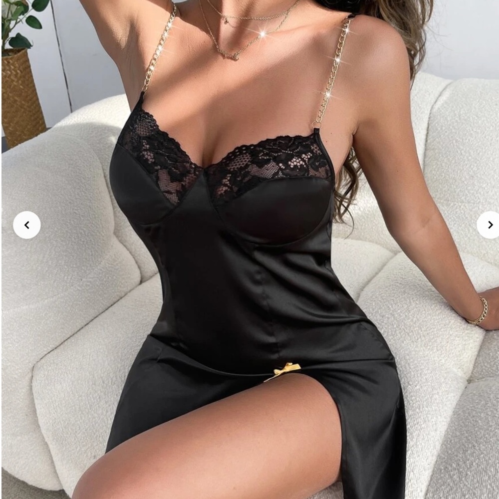 Contrast Lace Chain Detail Split Hem Satin Night Dress with MESH LAUNDRY BAG!